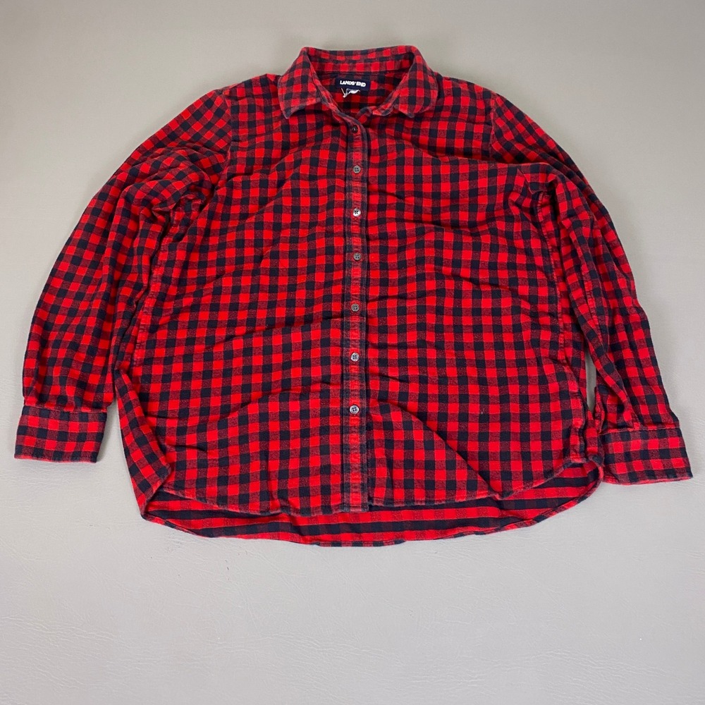 Lands End Flannel Shirt Women's Size XL Red Black Buffalo Plaid Button Down